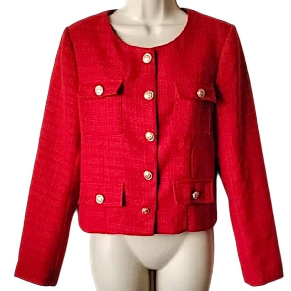 NWT New Collection Crop Blazer S Textured Red Gold Button Heritage Chanel-Style
